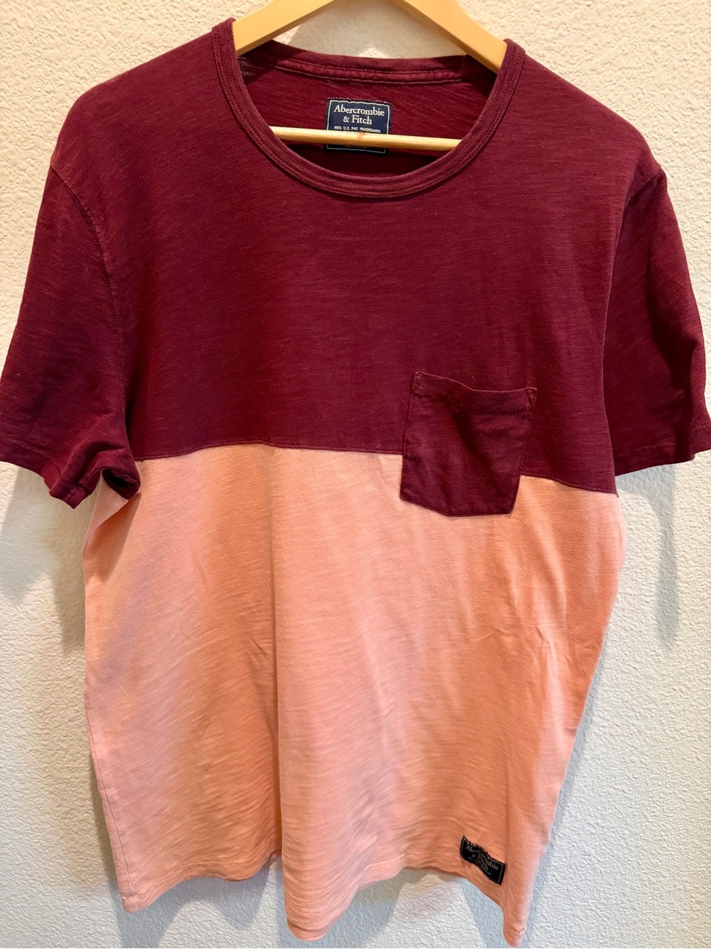 Abercrombie & Fitch Two-Tone Pocket Tee - Burgundy & Peach Indie Retro